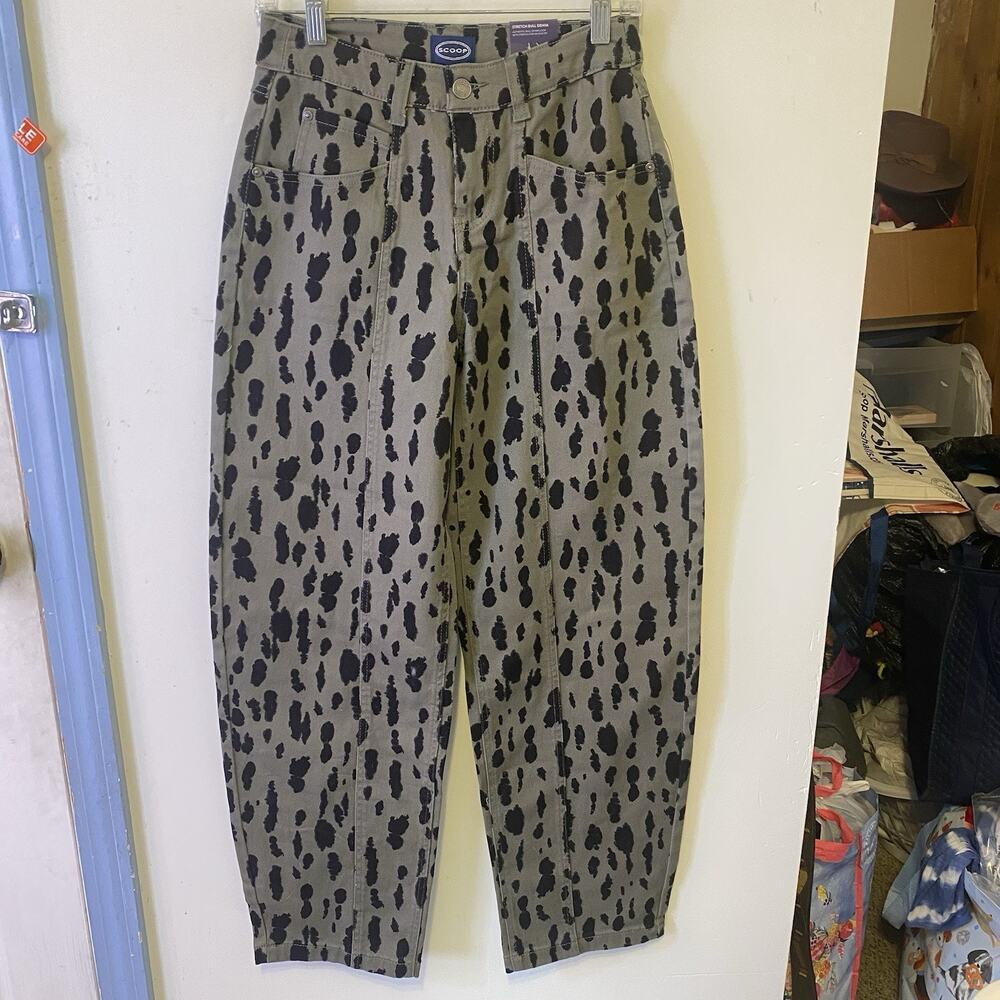 NWT Scoop Women 0 Leopard GreenBlack Barrel Jeans Stretch Bull Denim Streetwear - Picture 3 of 10